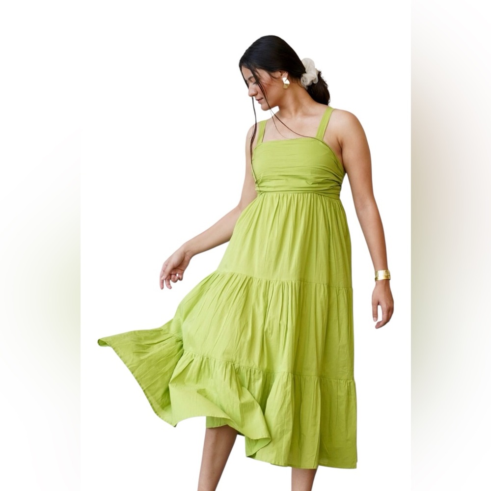 Sleeveless Lime Green Tiered Midi Dress